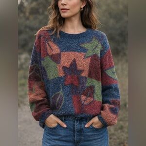 Mandalay Day Vintage Abstract Patchwork Knit Sweater Oversized Leaf Star